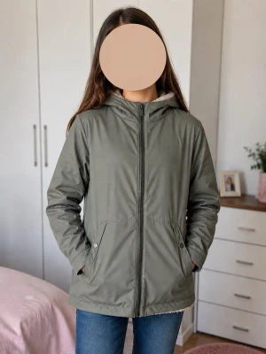 Olivgrön vindjacka med huva - Snygg olivgrön vindjacka med dragkedja framtill och två snedställda fickor med tryckknappar. Jackan har en rak passform och en mysig huva. Perfekt för blåsiga dagar och enkel att matcha med jeans eller andra byxor. Fodrad insida för extra komfort.