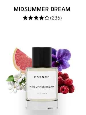 ESSNCE Midsummer Dream parfym - Fräsch parfym från ESSNCE med namnet Midsummer Dream. Doften har inslag av grapefrukt, jasmin, viol och hallon. Flaskan är genomskinlig med svart lock och minimalistisk vit etikett. Perfekt för dig som gillar fruktiga och blommiga dofter.