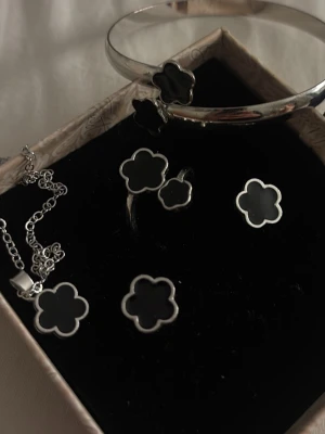 Smyckesset med svarta blommor - Säljer ett smyckesset med armband, halsband, ring och örhängen i silverfärg med svarta blommor. Alla delar har en stilren blomformad design med svart blomma Perfekt för dig som gillar matchande accessoarer 