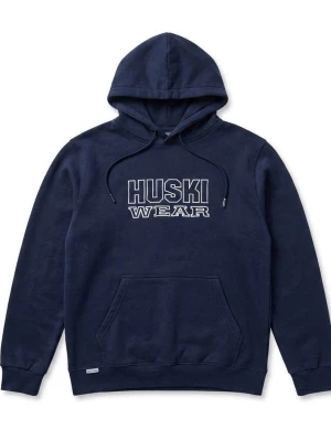 Mörkblå hoodie från Huski Wear - Snygg mörkblå hoodie från Huski Wear med stor vit logga på bröstet. Klassisk känguruficka framtill, justerbar huva med dragsko och ribbade muddar vid ärmar och nederkant. Tillverkad i mjukt material som känns skönt mot huden.
