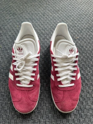  Adidas gazelle skor - Säljer ett par vinröda Adidas gazelle med klassiska vita ränder på sidorna och vit sula. Skorna har ovandel i mocka och vita skosnören. Adidas-logga på plösen och snygg retrostil som passar till många outfits.