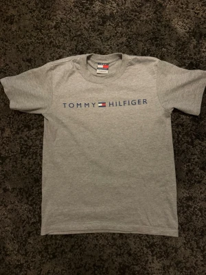 Grå Tommy Hilfiger t-shirt - Snygg grå t-shirt från Tommy Hilfiger med klassisk logga tryckt framtill i blått och rött. T-shirten har rund hals och korta ärmar, perfekt för en clean och enkel stil. Tillverkad i mjuk bomull för skön komfort. Size S/M