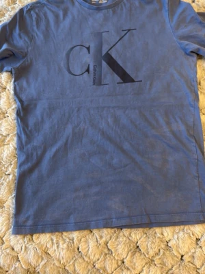 Blå CK t-shirt från Calvin Klein - Snygg blå t-shirt från Calvin Klein med stort CK-tryck på bröstet. Klassisk passform och rund halsringning. Tillverkad i mjuk bomull som känns skön mot huden. Perfekt för en avslappnad och stilren look. Finns lite missfärgningar och två små hål. Se bild. 
