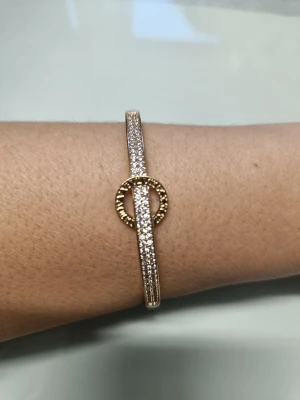 Guldigt armband med gnistrande stenar - Snyggt armband i guldfärgad metall med en rad gnistrande stenar på ovansidan. Armbandet har en elegant och stilren design med ett dekorativt spänne. Perfekt för dig som gillar att sticka ut med accessoarer.