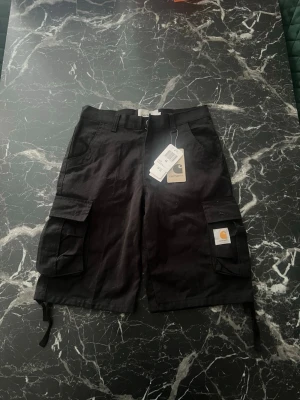 Svarta cargoshorts från Carhartt - DET ÄR EJ FLÄK PÅ BILDERNA, det är kameran. Snygga svarta cargoshorts från Carhartt med flera praktiska fickor på sidorna och baktill. Shortsens material är slitstark bomull och de har klassisk cargomodell med knytband nedtill. Perfekta för en avslappnad och street-inspirerad stil.