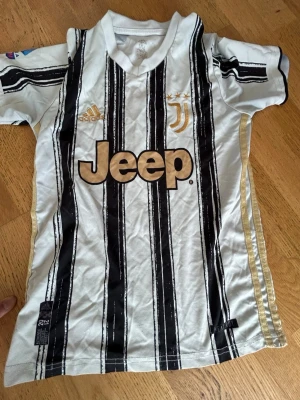 Juventus matchtröja Adidas svart/vit - Juventus matchtröja från Adidas i vitt med svarta ränder och gulddetaljer. Stort Jeep-tryck på bröstet, klubbmärke och tre stjärnor i guld. Korta ärmar och sportig passform, perfekt för fotbollsträning eller match.