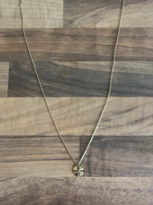 Guldhalsband med fyrklöverhänge - Snyggt halsband i guldfärgad metall med ett litet fyrklöverformat hänge. Kedjan är tunn och enkel, vilket gör att hänget verkligen står ut. Perfekt för dig som gillar minimalistiska smycken med en touch av tur.