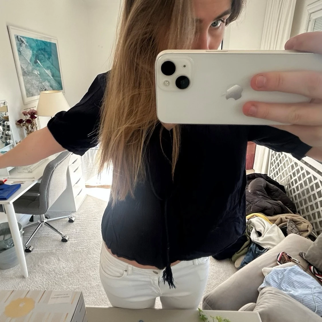 Mörkblå boho-blus med knytband - 2