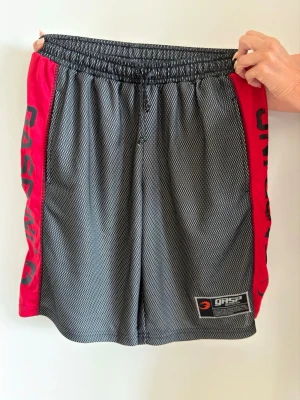 Gasp grå träningsshorts med röda sidor - Säljer ett par grå träningsshorts från Gasp med röda paneler på sidorna och svart logga. Shortsen har elastisk midja med snörning och är tillverkade i ett syntetmaterial som andas. Perfekta för gymmet eller sport. Helt nya och oanvända!
