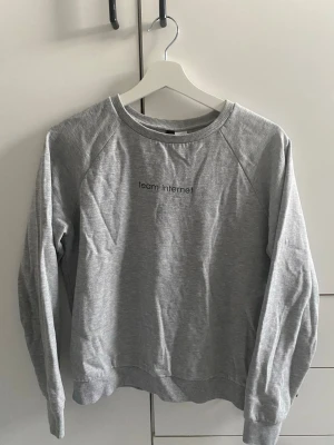 Grå sweatshirt Team Internet Divided - Grå sweatshirt från Divided med texten 'team internet' broderad på bröstet. Tröjan har rund halsringning, ribbade muddar vid ärmslut och nederkant samt en avslappnad passform. Tillverkad i mjuk bomullsblandning, storlek M men skulle säga S/XS