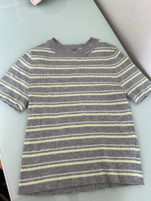 Randig ribbad t-shirt från Divided - Grå ribbad t-shirt från Divided H&M med tunna vita och ljusgröna ränder. T-shirten har korta ärmar och en klassisk rund halsringning. Perfekt för en avslappnad och trendig look.