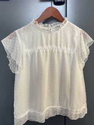 Vit transparent blus med volangärm - Söt vit blus i transparent material med små prickar och volangdetaljer vid ärmslut och hals. Blusen har korta, luftiga ärmar och en liten volangkrage. Knäpps i nacken med knapp🫰🏼