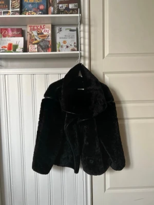 Svart kort pälsjacka med bred krage - Säljer en svart pälsjacka med bred krage och dubbelknäppning. Jackan är kort i modellen och har en mjuk, fluffig yta. Snygga detaljer med sömmar och en klassisk look som passar perfekt till kyligare väder
