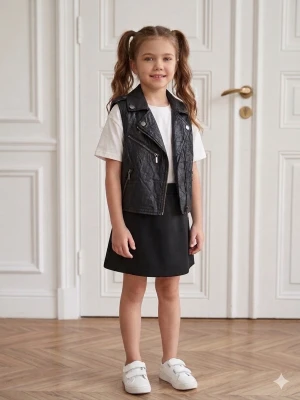 Svart biker-väst i skinnimitation Zara - Svart väst i skinnimitation från Zara med bikerstil, sned dragkedja, dekorativa tryckknappar och tre dragkedjefickor. Västen har bred krage och coola detaljer som ger en edgy vibe till din outfit.