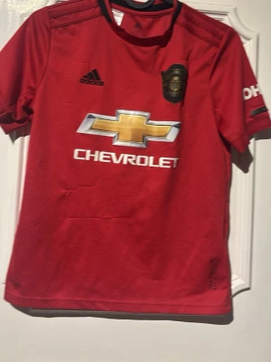 Manchester United matchtröja röd - Säljer en röd Manchester United matchtröja från Adidas med klubbmärke och sponsorlogga på bröstet. Tröjan har korta ärmar, svart detalj vid kragen och är tillverkad i ett lätt, ventilerande material. Perfekt för fotbollsträning eller att bära till vardags.