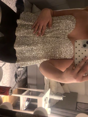 Glitter topp - Säljer en superglittrig axelbandslös kortklänning i silver med paljetter över hela klänningen. Klänningen har en söt, utsvängd form och passar perfekt när du vill sticka ut. Materialet känns mjukt och följsamt mot huden.