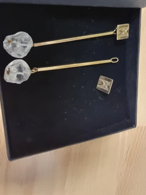 Långa örhängen med råa pärlor - Unika örhängen från Märta Larsson i guldtonad metall med råa, transparenta pärlor. Örhängena har en lång, rak design och fyrkantiga detaljer vid fästet. Märkta med 925 vilket tyder på silverbas. Perfekt för dig som gillar statement-smycken och modern stil. 2 i 1 örhängen. Det går att ha den lång (8 cm) eller bara använda den fyrkantiga delen. 