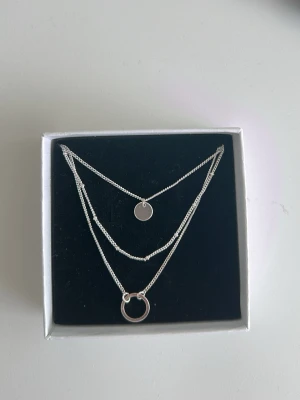 Silverfärgat dubbelt halsband med cirkel - Stilrent halsband i silverfärg med två tunna kedjor, en med en liten rund bricka och en med en enkel cirkel. Perfekt för lager-på-lager-look och passar till många outfits. Materialet är metall och designen är minimalistisk.