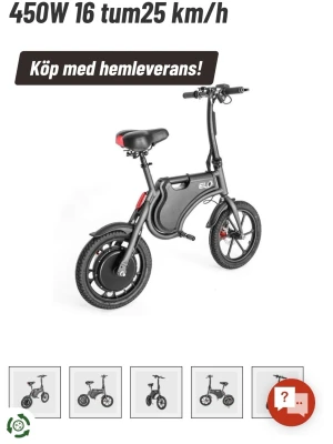 ELO svart elcykel 450W 16 tum - Elektrisk cykel från ELO i svart med 450W motor och 16-tums hjul. Utrustad med skivbromsar fram och bak, direktdrift och batterikapacitet på 6Ah. Maxhastighet 25 km/h och räckvidd upp till 18 km. Perfekt för smidig och snabb transport.