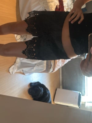 Svarta spetsshorts - Säljer ett par svarta shorts med snygga spetsdetaljer längs kanterna. De är midwaist och passar är strl M men passar som S/M