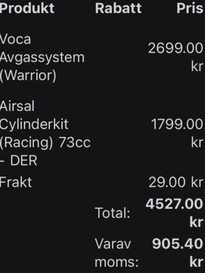Voca avgassystem & Airsal cylinderkit - Sprillans nytt Aldirg använt!!! Säljer ett Voca avgassystem (Warrior) med röd ljuddämpare och ett Airsal cylinderkit (Racing) 73cc för DER. Perfekt för dig som vill trimma mopeden. Allt i metall och aluminium, flera delar medföljer som packningar och kolv. För fler frågor hör gärna av er 