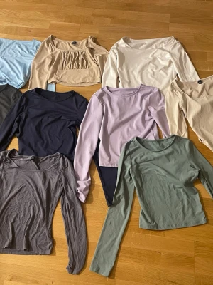 10 långärmade toppar i olika färger - Säljer ett paket med 10 långärmade toppar i olika färger som ljusblå, beige, vit, svart, lavendel, grön och grå. Några är croppade och en har volangdetalj. Perfekta basplagg för att mixa och matcha till olika outfits. Går även att köpa styckvis vid önskemål
