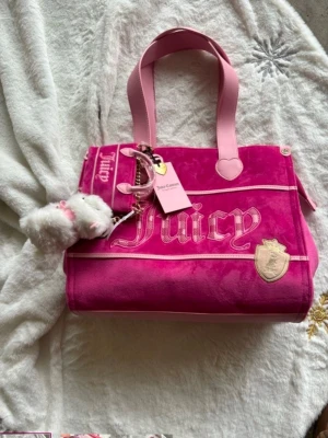 Juicy Couture rosa velourväska - Säljer en ikonisk rosa handväska från Juicy Couture i mjuk velour med ljusrosa detaljer och handtag. Väskan har broderad Juicy-logga, ett guldigt emblem och ett gulligt plyschdjur som nyckelring. Perfekt för dig som älskar Y2K-stil och statement-accessoarer.