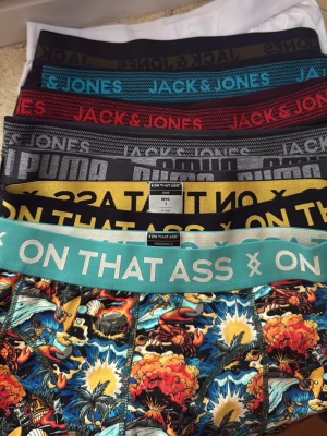 Flerpack kalsonger från Jack & Jones, Puma, On That Ass - Säljer ett paket med flera kalsonger från Jack & Jones, Puma och On That Ass. Färgerna varierar mellan svart, grå, röd, blå, gul och ett par med färgglatt mönster. Resårbanden har tydliga loggor och kalsongerna är i boxermodell. Perfekt för dig som vill ha variation i garderoben. Alla är i storlek S förutom Puma som är i M men modellen är liten i storlek 