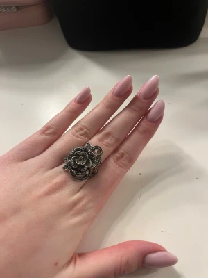 Stor silverfärgad blomring - Säljer en unik och detaljerad ring i silverfärgad metall med en stor blomformad design. Ringen har vackra snirkliga detaljer och en antik känsla som verkligen sticker ut. Perfekt för dig som gillar statement-smycken och vill ha något som drar blickarna till sig. Inte missfärgad utan köptes så.
