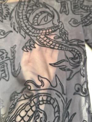 Mesh topp med drakmönster FB Sister - Säljer en transparent mesh topp från FB Sister i svart med coolt drakmönster och asiatiska tecken. Toppen är tight och har långa ärmar, perfekt för att skapa en edgy look. Materialet är syntetiskt och stretchigt.