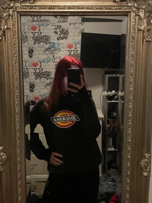 Svart Dickies hoodie med logga - Säljer en svart hoodie från Dickies med den klassiska färgglada loggan tryckt på bröstet. Hoodien har huva och en avslappnad passform, perfekt för en chill och street-inspirerad stil. Materialet är mjukt och skönt, troligen bomullsmix.
