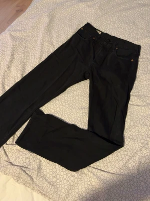 Svarta raka jeans med knappar från Levis - Säljer ett par svarta Levis jeans med rak passform och knappgylf. Klassisk femficksmodell med nitar vid fickorna. Jeansen är i ett kraftigt bomullstyg och har en stilren look som passar till det mesta.