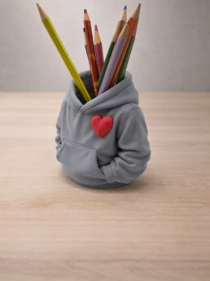 Pennställ i form av grå hoodie - Unikt pennställ utformat som en grå hoodie med ficka och en röd hjärtapplikation på bröstet. Tillverkat i ett hårt material, perfekt för att förvara pennor eller andra småsaker på skrivbordet. Rolig och kreativ inredningsdetalj.