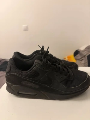 Svarta Nike Air Max sneakers - Säljer ett par helsvarta Nike Air Max sneakers med klassisk siluett. Skorna har ovandel i mesh och syntet, samt den ikoniska Air Max-sulan för extra komfort. Snygg och stilren design med svarta skosnören och diskret Nike-logga på sidan.
