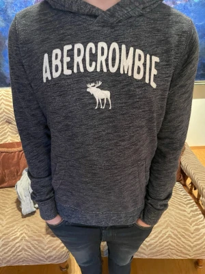 Mörkgrå Abercrombie hoodie - Mörkgrå hoodie från Abercrombie med vit logga och älgmotiv på bröstet. Hoodien har huva, känguruficka och är tillverkad i mjukt, melerat tyg. Perfekt för en avslappnad och stilren look. Passar mig bra just nu som är 173cm, men ännu längre så blir det på gränsen. Pris är diskuterbart!