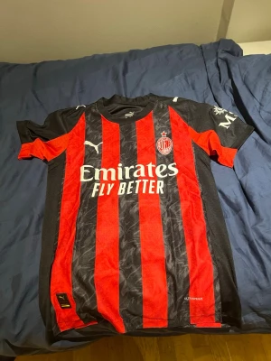 AC Milan matchtröja Puma röd/svart - Säljer en AC Milan matchtröja från Puma i rött och svart med vita detaljer. Tröjan har klassiska vertikala ränder, klubbmärke på bröstet och sponsortryck. På ryggen står det 'Rafa Leão' och nummer 11. Tillverkad i lätt och ventilerande funktionsmaterial.