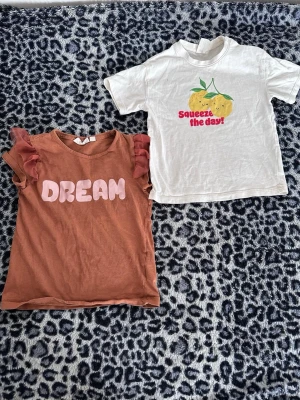 Två färgglada t-shirts - Säljer två t-shirts: en brun med rosa texten 'DREAM' och volangdetaljer på ärmarna, samt en vit med citronmotiv och texten 'Squeeze the day!'. Båda har rund hals och korta ärmar. Perfekta för dig som gillar färg och statement-prints.