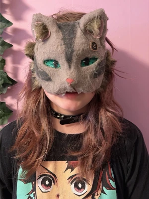 Katt mask - Therian katt mask i grå med gröna ögon 