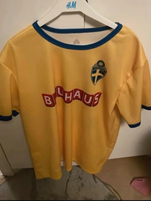 Svensk fotbollströja gul blå herr - Gul fotbollströja från svenska landslaget med blå detaljer vid hals och ärmslut. Tryck med Bauhaus-logga på bröstet och ryggen samt nummer 22 på ryggen. Klassisk landslagsdesign med broderad svensk sköld på bröstet. Perfekt för match eller träning.