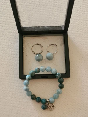 Armband och örhängen i akvamarin - Snyggt armband med blå och turkosa pärlor i olika nyanser. Armbandet har en silverfärgad berlock med livets träd. Perfekt för dig som gillar unika accessoarer och naturliga material. Passar till många olika stilar och är lätt att matcha.