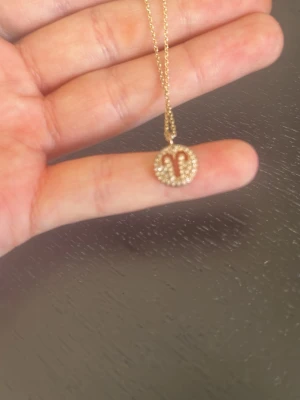 Guldhalsband med Väduren-hänge - Snyggt halsband i guld med ett runt hänge dekorerat med små pärlor och Vädurens stjärntecken i mitten. Kedjan är tunn och elegant, och hänget har en glittrig look!