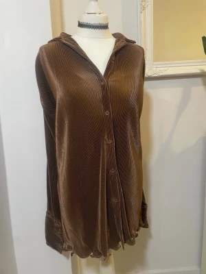Brun plisserad skjorta - Säljer en oversized brun plisserad skjorta med krage och knappar framtill. Skjortan har långa ärmar och har en avslappnad passform. Perfekt att styla som en skjorta med byxor, eller som skjortklänning. Fått jätte mycket komplimanger med den! 