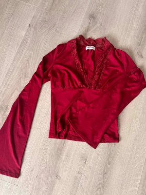 Vinröd långärmad topp från Venderbys - Vinröd långärmad topp från Venderbys med v-ringning och spetsdetaljer längs halsringningen. Toppens material känns mjukt och stretchigt, och ärmarna är långa och något utsvängda. Perfekt för dig som gillar en feminin och trendig stil.