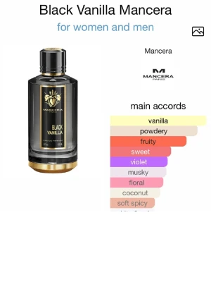 Mancera Black Vanilla EdP unisex - Lyxig parfym från Mancera i en elegant svart och guld glasflaska. Doften har tydliga inslag av vanilj, frukt, pudriga och söta toner samt inslag av viol, mysk, blommor och kokos. Passar både kvinnor och män som gillar unika och sofistikerade dofter.