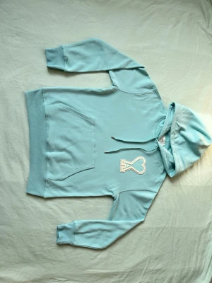 Ljusblå hoodie från Ami Paris - Snygg ljusblå hoodie från Ami Paris med stor ficka framtill och broderad Ami de Coeur-logga i vitt på bröstet. Hoodien har dragsko i huvan och ribbade muddar vid ärmar och nederkant. Perfekt för en chill och trendig look.