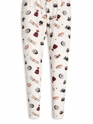 Sushimönstrade pyjamasbyxor H&M Divided - Roliga pyjamasbyxor från H&M Divided med ett färgglatt sushimönster. Byxorna är vita med tryck av olika sushibitar, sojaflaskor och ätpinnar. Mjukt och bekvämt material, perfekt för mysiga hemmakvällar. Resår i midjan för extra komfort.