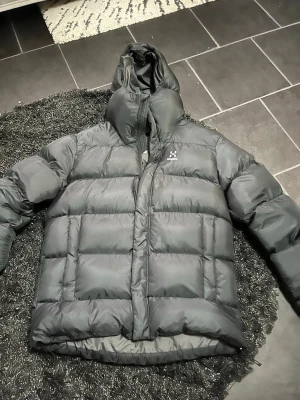 Svart dunjacka med huva från Haglöfs - Säljer en svart dunjacka från Haglöfs med stor, skyddande huva och puffig design. Jackan har breda, quiltade paneler och dragkedja framtill. Perfekt för kalla vinterdagar och riktigt varm. Klassisk Haglöfs-logga på bröstet.