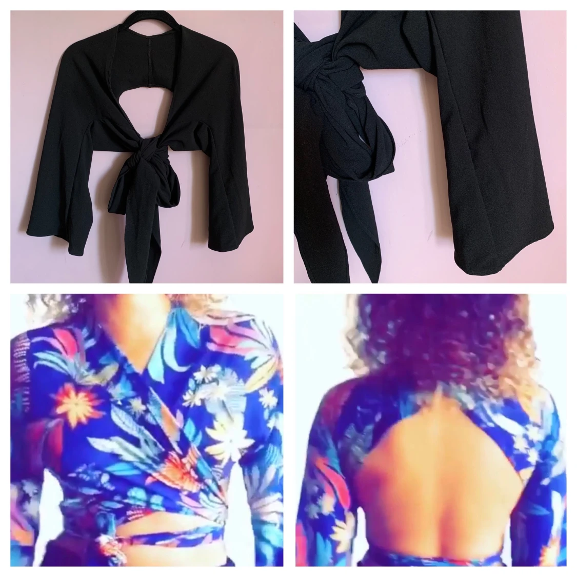 Svart omlott wrap topp knyt trumpetärm  - 90