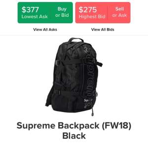 Äkta Supreme Backpack fw18, kvitto samt order-bekräftelse finns. 9/10 bara använd 2 gånger. Kontakta mig för mer Info. 