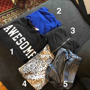  - 30kr styck på tröjorna eller 80kr paketpris.  1. sweatshirt storlek s 2. Tunn stickad tröja storlek s  3. Tunn silkes blus,storlek 36 4. Hängselbyxor testade, storlek M 200kr 5. Skinnjacka endast testad, storlek M 200kr 